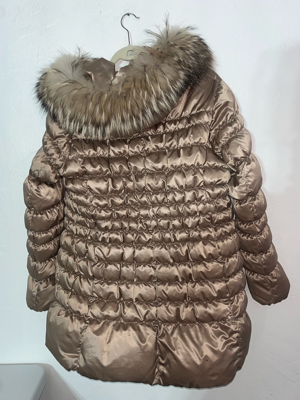 Corso Venezia Real Raccoon Fur Italian Down Parka Puffer Coat Satin Champagne - Picture 3 of 16